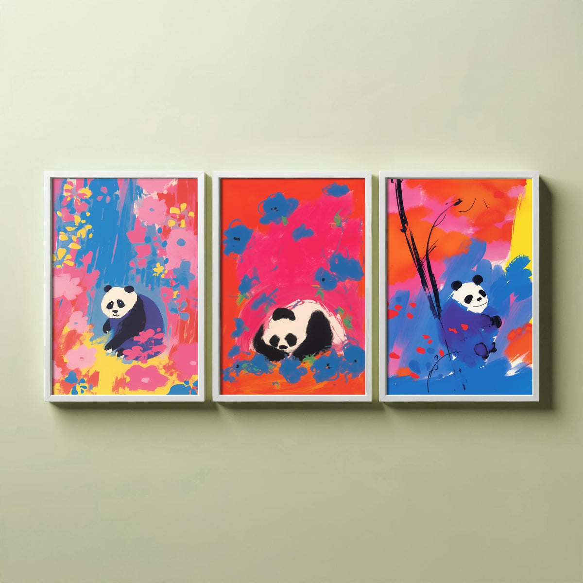 Cute Panda Set of Three Art Prints - Sitting, Sleeping and Bamboo Panda in Pink, Red and Blue - After Odilon Redon Illustration Poster