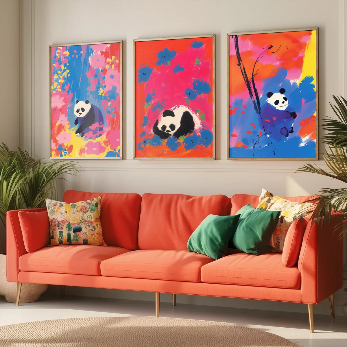 Cute Panda Set of Three Art Prints - Sitting, Sleeping and Bamboo Panda in Pink, Red and Blue - After Odilon Redon Illustration Poster