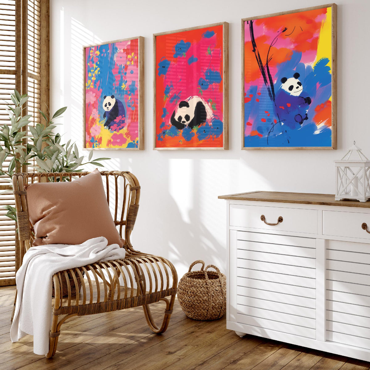 Cute Panda Set of Three Art Prints - Sitting, Sleeping and Bamboo Panda in Pink, Red and Blue - After Odilon Redon Illustration Poster