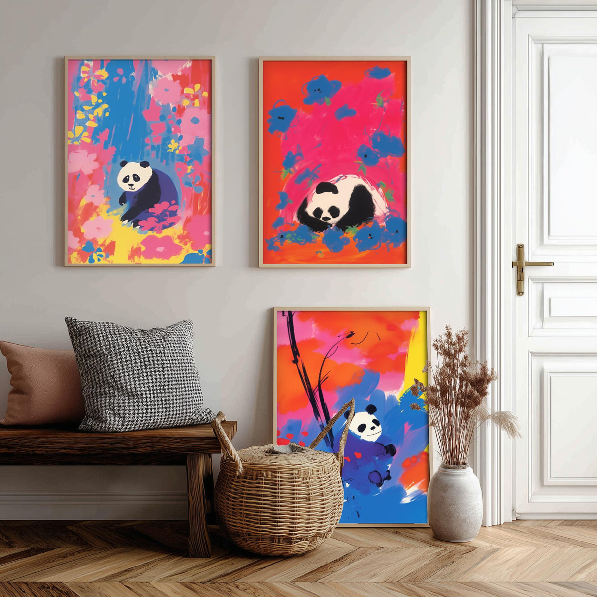 Cute Panda Set of Three Art Prints - Sitting, Sleeping and Bamboo Panda in Pink, Red and Blue - After Odilon Redon Illustration Poster