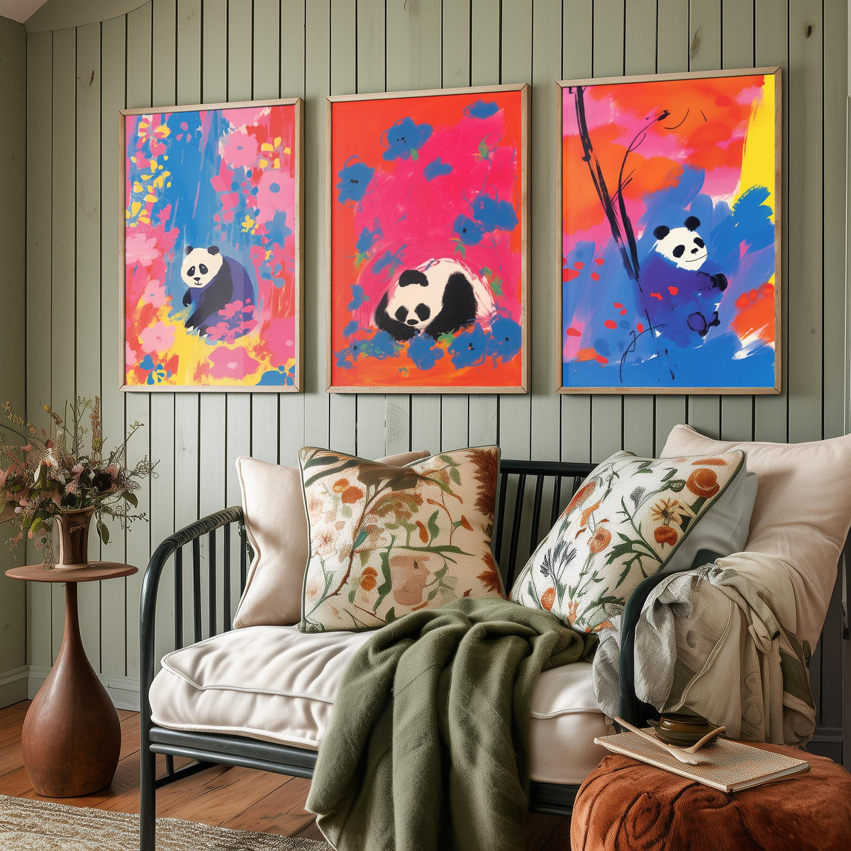 Cute Panda Set of Three Art Prints - Sitting, Sleeping and Bamboo Panda in Pink, Red and Blue - After Odilon Redon Illustration Poster