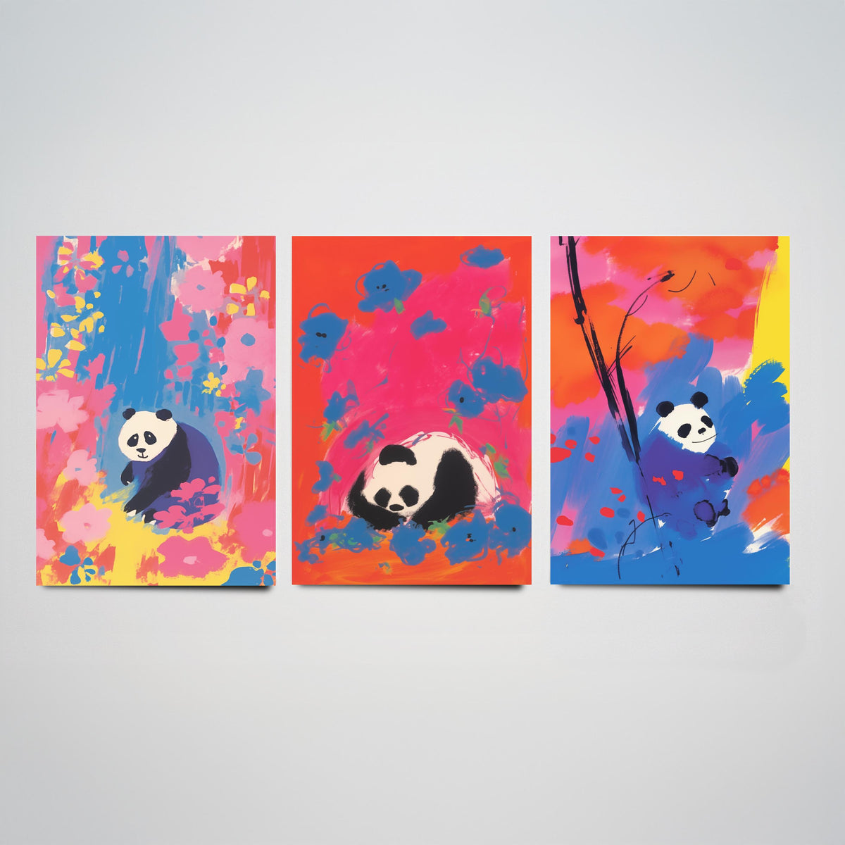 Cute Panda Set of Three Art Prints - Sitting, Sleeping and Bamboo Panda in Pink, Red and Blue - After Odilon Redon Illustration Poster