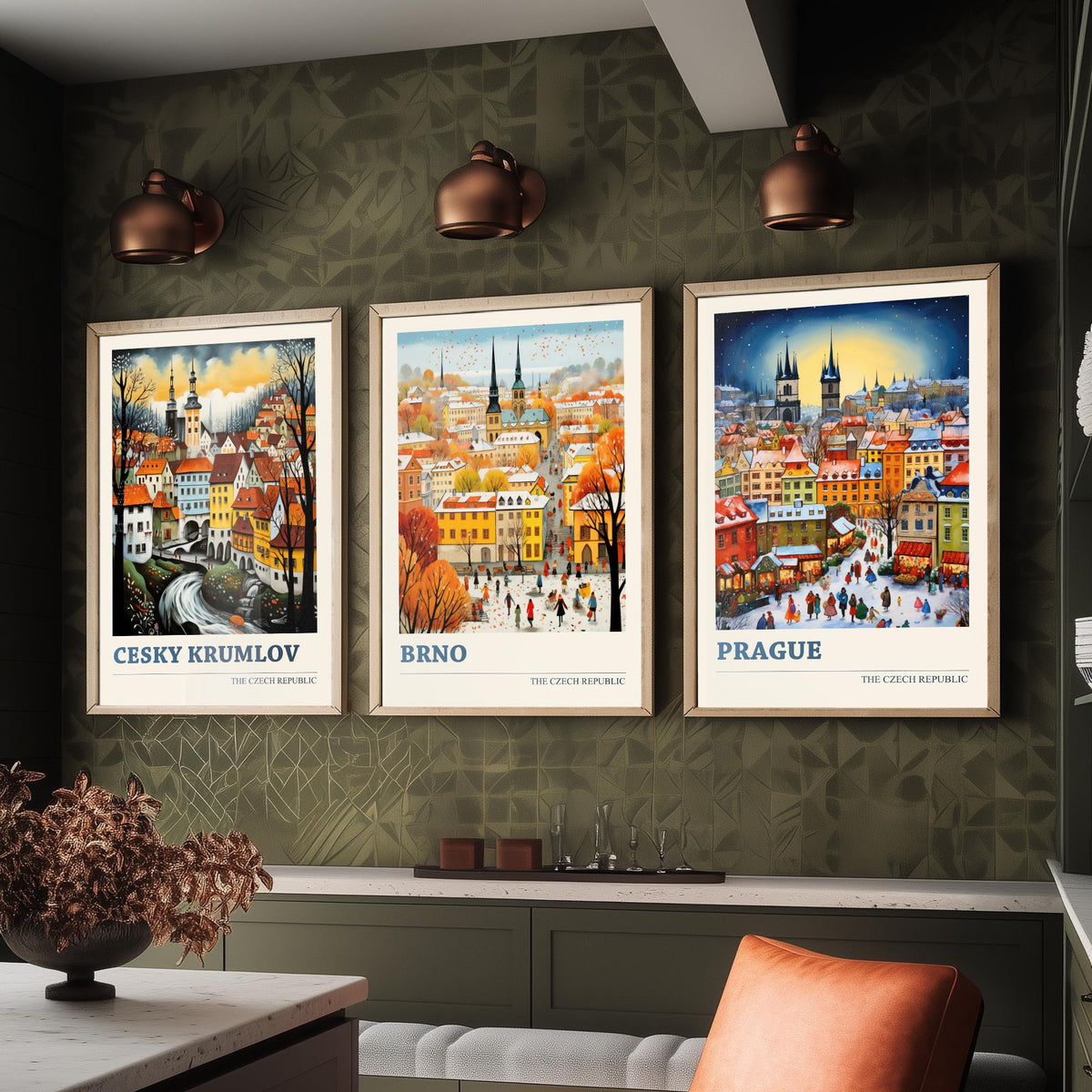 Czech Republic Set of Three Art Prints - Cesky Krumlov, Brno, Prague - Winter Christmas Market Travel Poster Illustration
