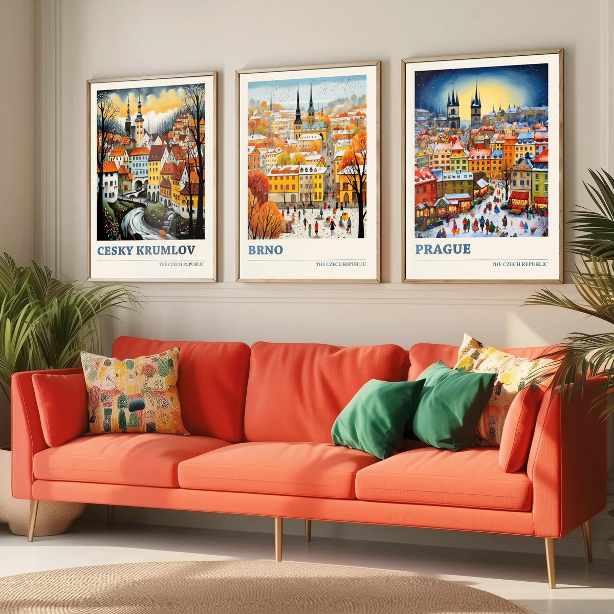 Czech Republic Set of Three Art Prints - Cesky Krumlov, Brno, Prague - Winter Christmas Market Travel Poster Illustration