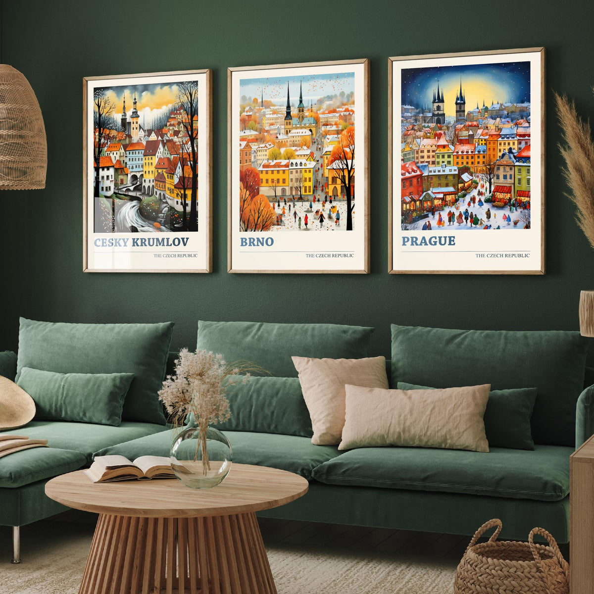 Czech Republic Set of Three Art Prints - Cesky Krumlov, Brno, Prague - Winter Christmas Market Travel Poster Illustration