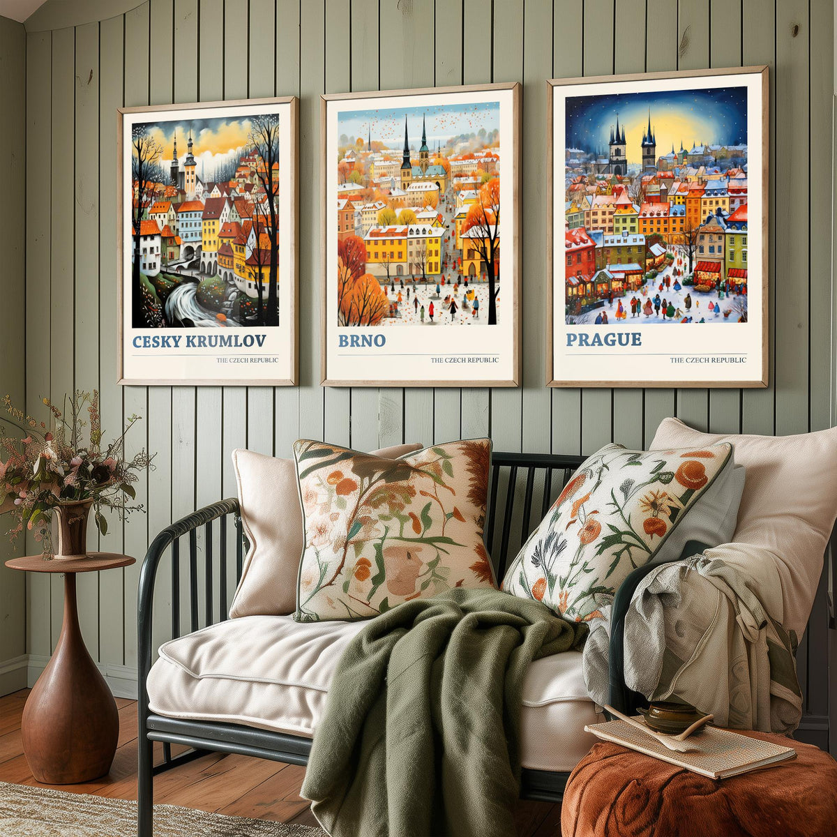 Czech Republic Set of Three Art Prints - Cesky Krumlov, Brno, Prague - Winter Christmas Market Travel Poster Illustration