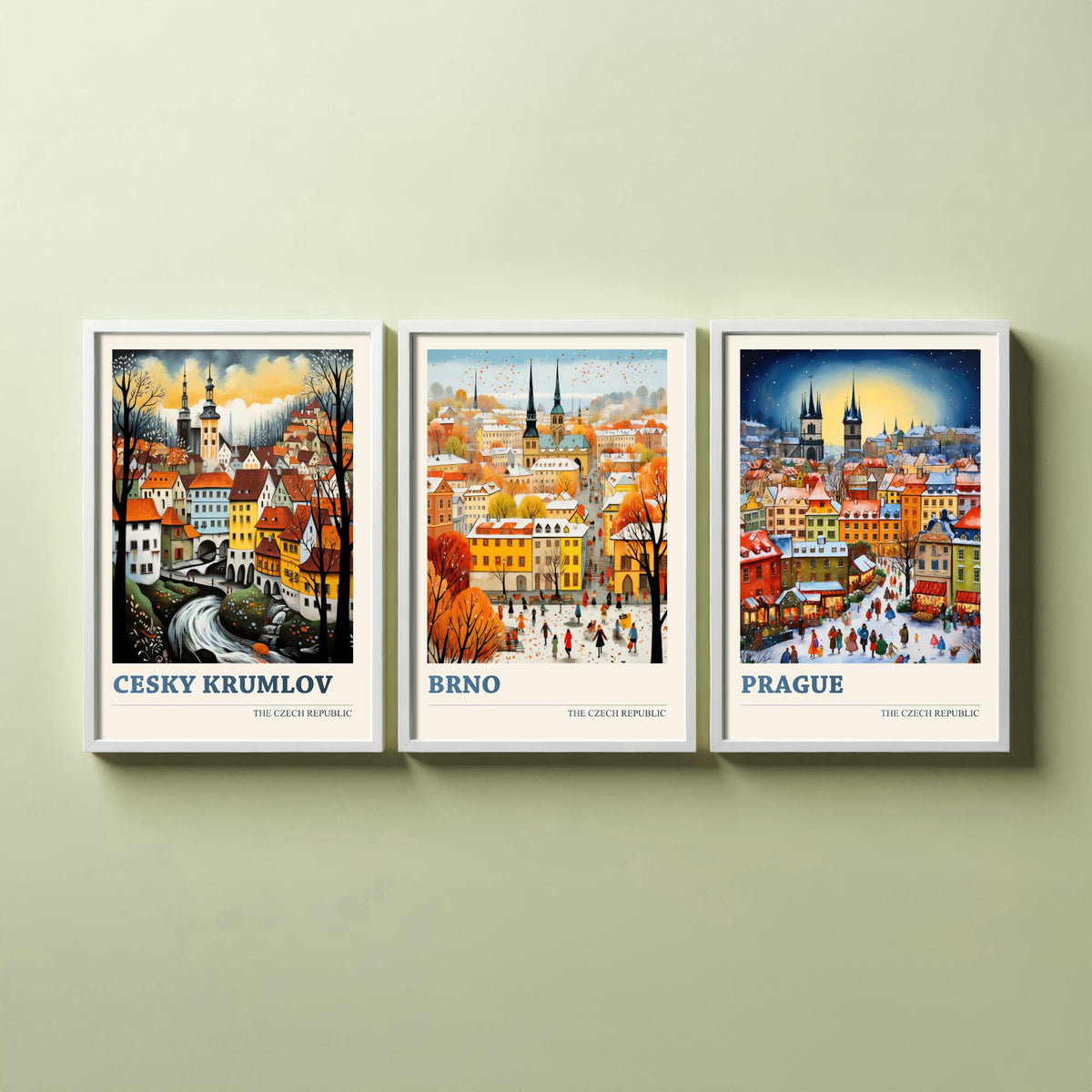 Czech Republic Set of Three Art Prints - Cesky Krumlov, Brno, Prague - Winter Christmas Market Travel Poster Illustration