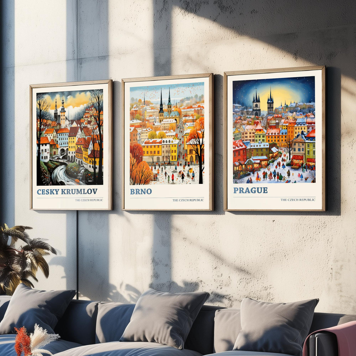Czech Republic Set of Three Art Prints - Cesky Krumlov, Brno, Prague - Winter Christmas Market Travel Poster Illustration