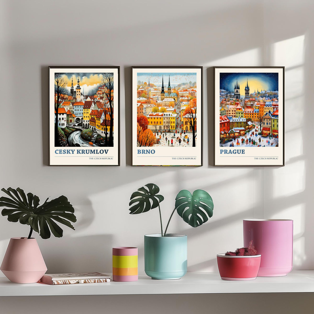 Czech Republic Set of Three Art Prints - Cesky Krumlov, Brno, Prague - Winter Christmas Market Travel Poster Illustration