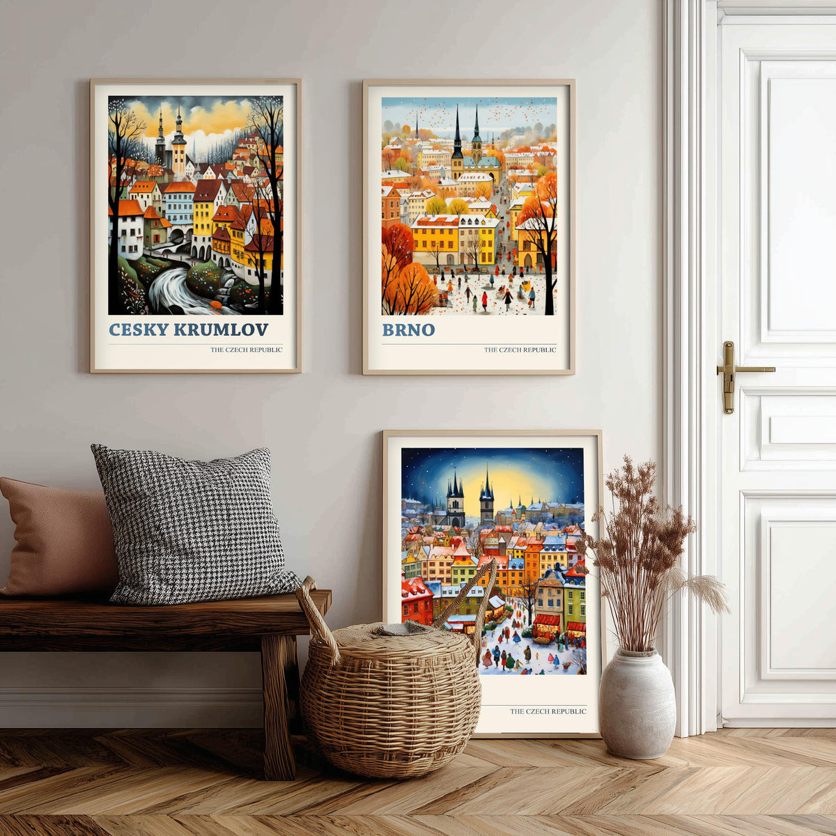 Czech Republic Set of Three Art Prints - Cesky Krumlov, Brno, Prague - Winter Christmas Market Travel Poster Illustration