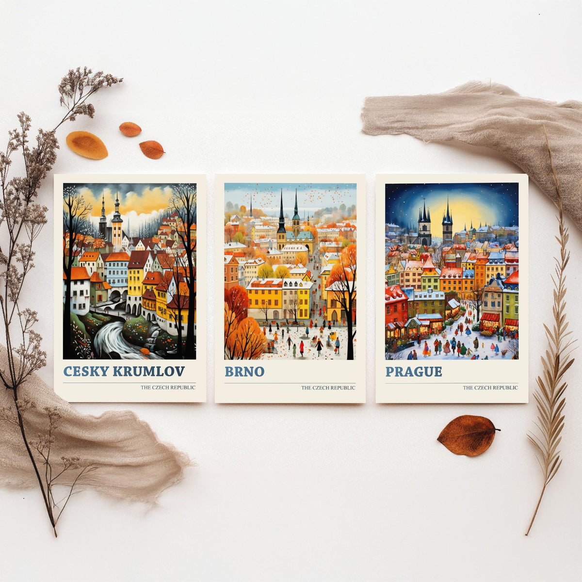 Czech Republic Set of Three Art Prints - Cesky Krumlov, Brno, Prague - Winter Christmas Market Travel Poster Illustration