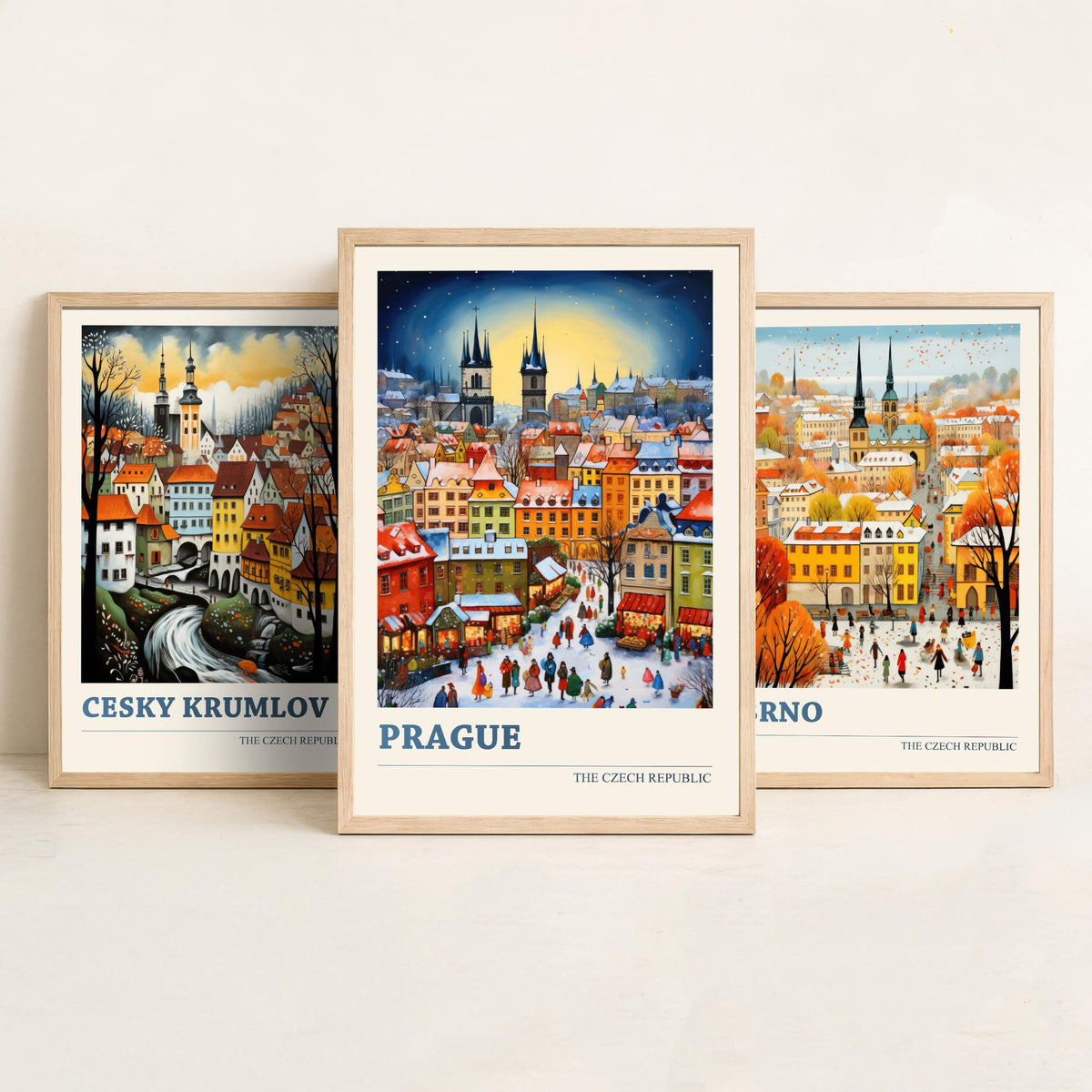 Czech Republic Set of Three Art Prints - Cesky Krumlov, Brno, Prague - Winter Christmas Market Travel Poster Illustration