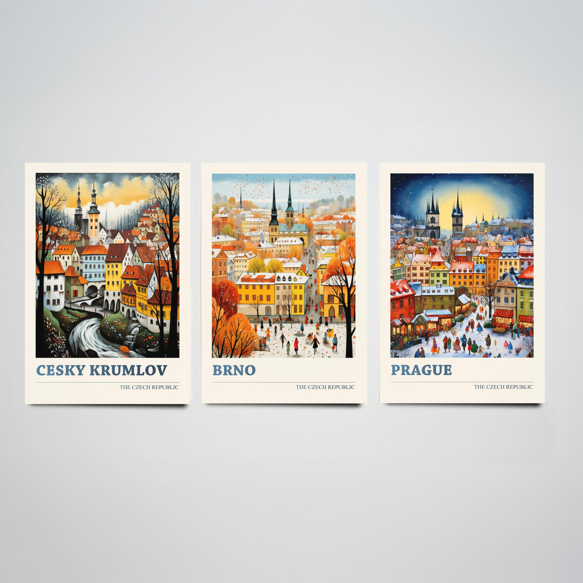 Czech Republic Set of Three Art Prints - Cesky Krumlov, Brno, Prague - Winter Christmas Market Travel Poster Illustration