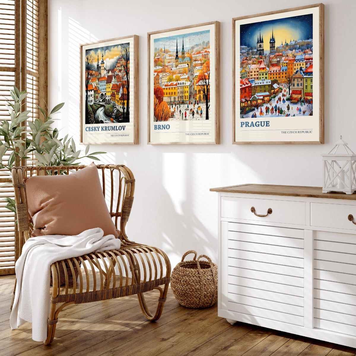Czech Republic Set of Three Art Prints - Cesky Krumlov, Brno, Prague - Winter Christmas Market Travel Poster Illustration