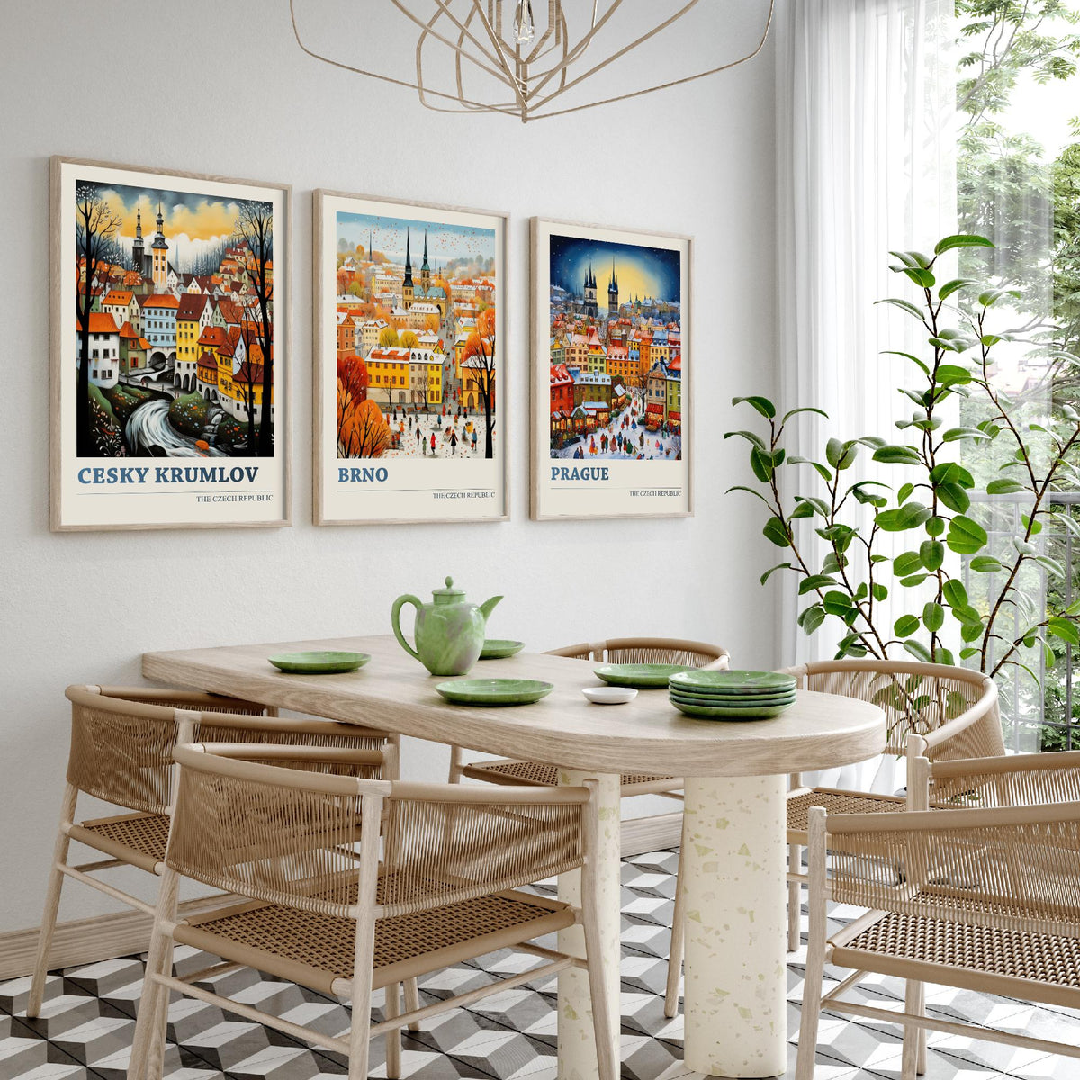 Czech Republic Set of Three Art Prints - Cesky Krumlov, Brno, Prague - Winter Christmas Market Travel Poster Illustration