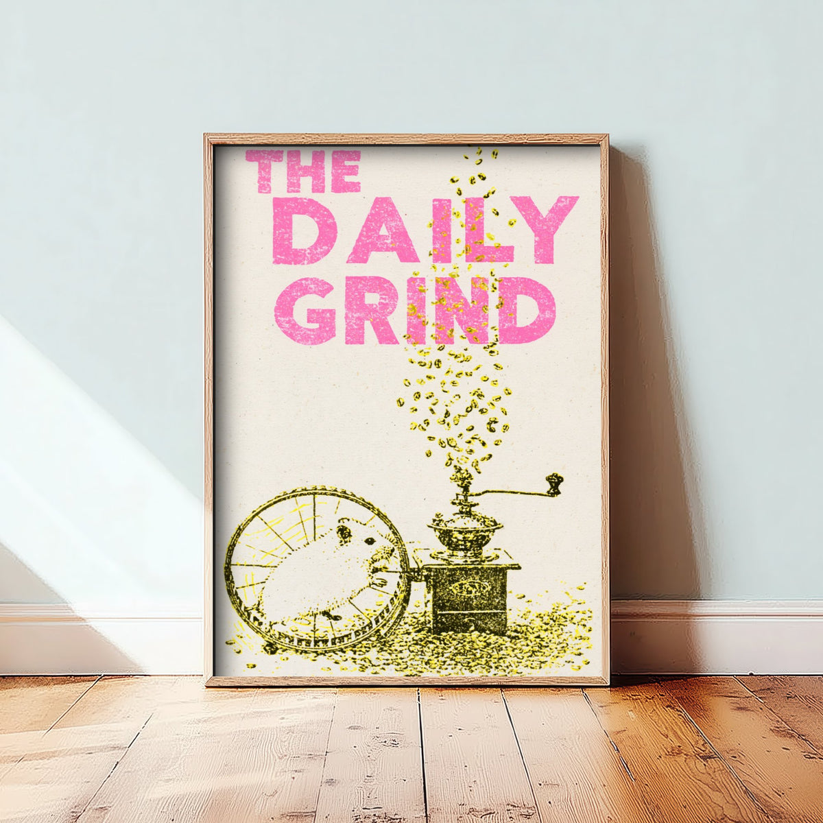 The Daily Grind Hamster Art Print - Coffee Grinder Kitchen Poster - Yellow Stencil Ink Illustration
