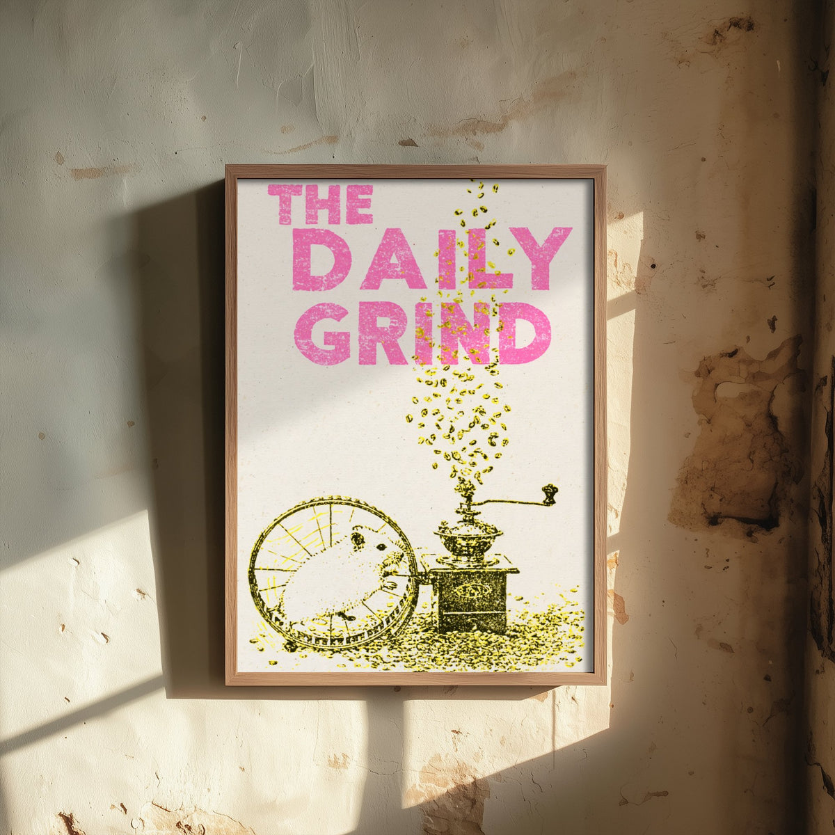 The Daily Grind Hamster Art Print - Coffee Grinder Kitchen Poster - Yellow Stencil Ink Illustration
