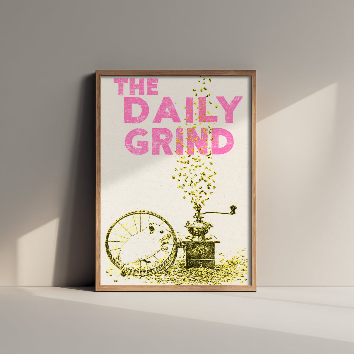 The Daily Grind Hamster Art Print - Coffee Grinder Kitchen Poster - Yellow Stencil Ink Illustration