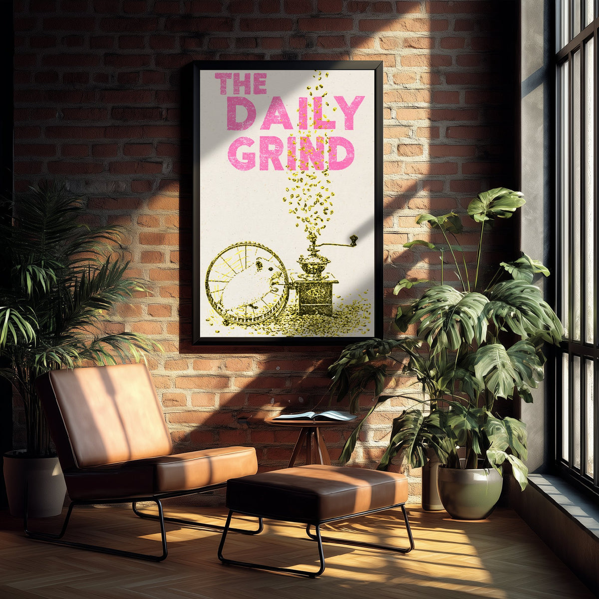 The Daily Grind Hamster Art Print - Coffee Grinder Kitchen Poster - Yellow Stencil Ink Illustration