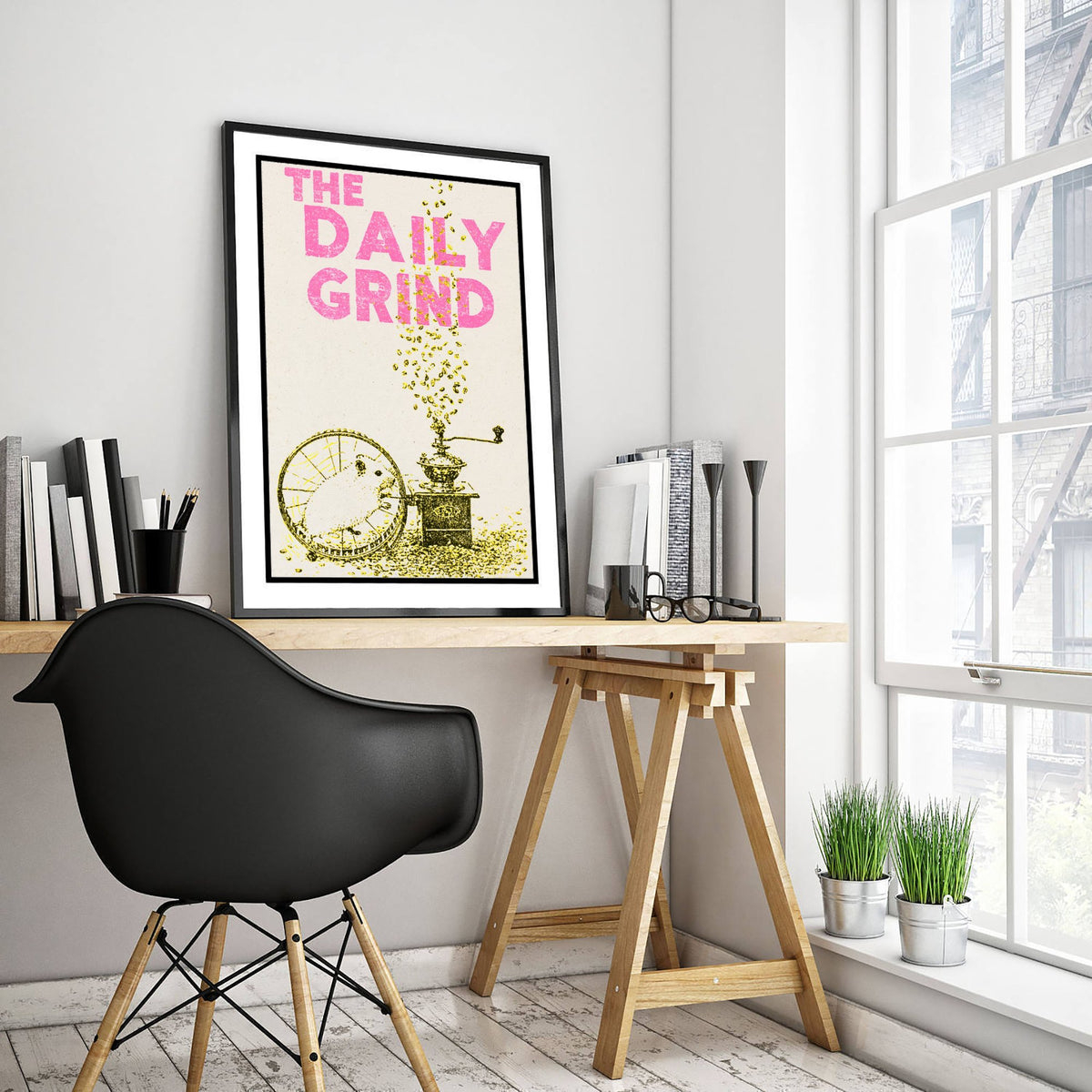 The Daily Grind Hamster Art Print - Coffee Grinder Kitchen Poster - Yellow Stencil Ink Illustration