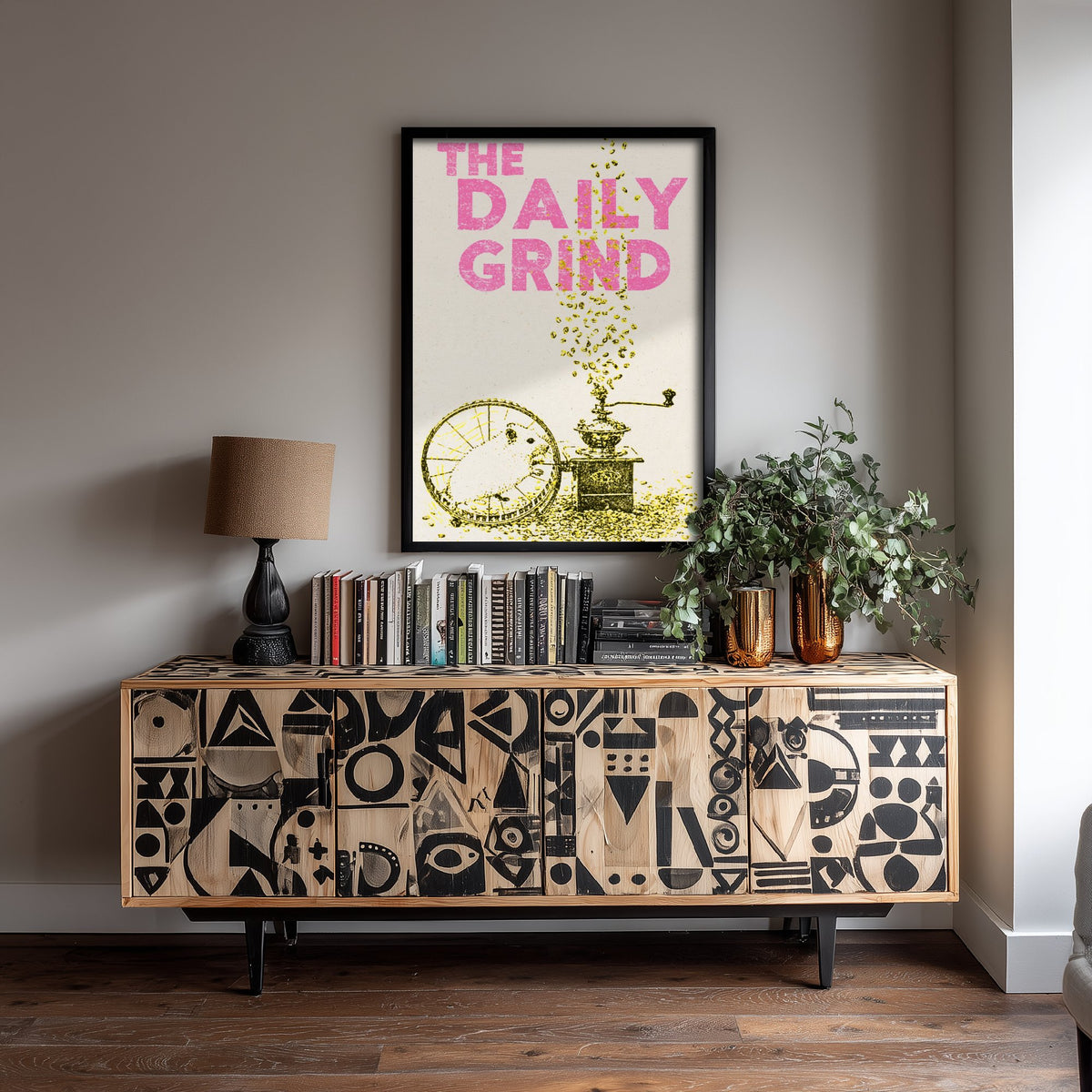 The Daily Grind Hamster Art Print - Coffee Grinder Kitchen Poster - Yellow Stencil Ink Illustration