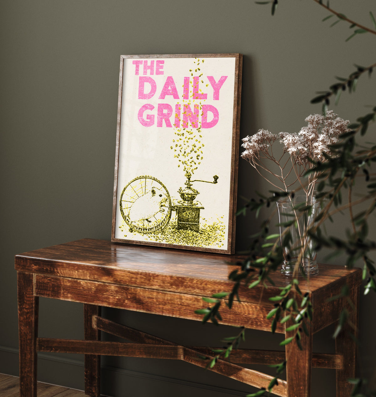 The Daily Grind Hamster Art Print - Coffee Grinder Kitchen Poster - Yellow Stencil Ink Illustration