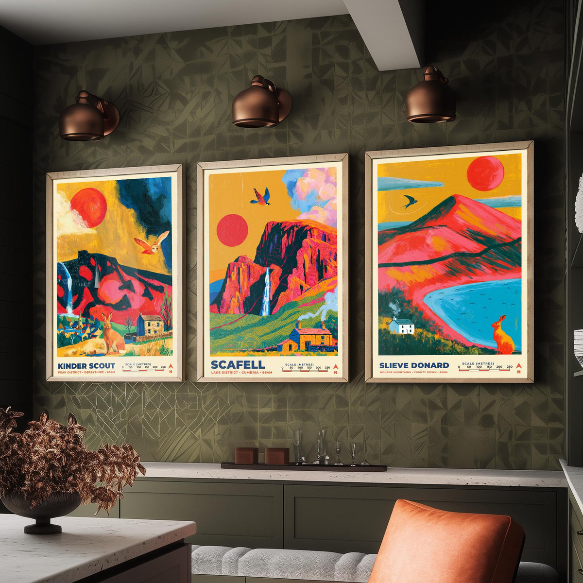The Dark Moorlands Set of Three Art Prints, Kinder Scout Scafell and Slieve Donard Poster Illustration