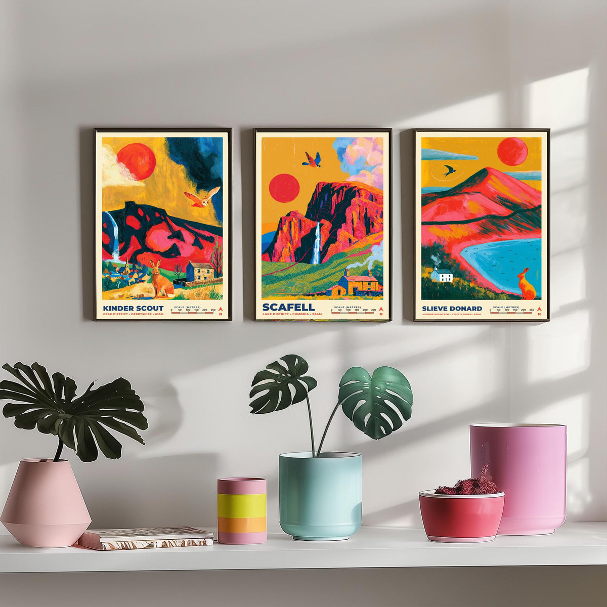 The Dark Moorlands Set of Three Art Prints, Kinder Scout Scafell and Slieve Donard Poster Illustration