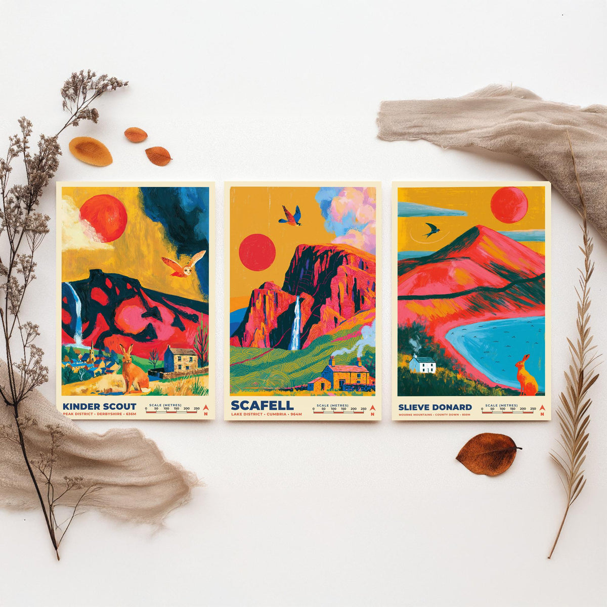 The Dark Moorlands Set of Three Art Prints, Kinder Scout Scafell and Slieve Donard Poster Illustration