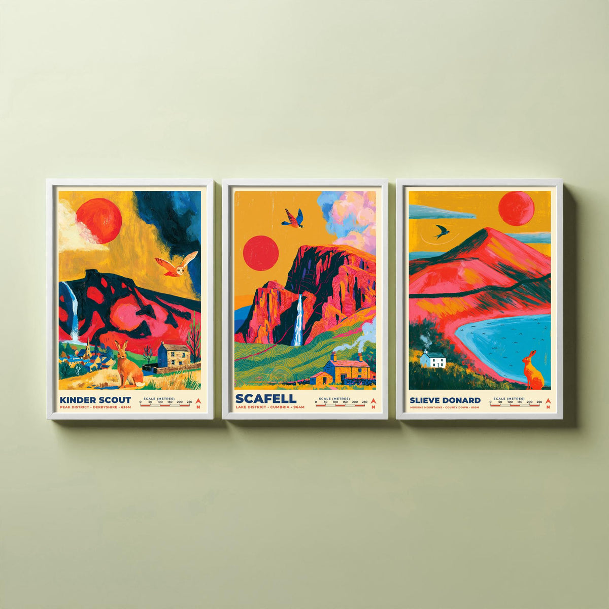 The Dark Moorlands Set of Three Art Prints, Kinder Scout Scafell and Slieve Donard Poster Illustration