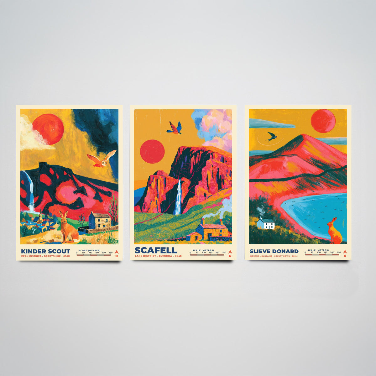 The Dark Moorlands Set of Three Art Prints, Kinder Scout Scafell and Slieve Donard Poster Illustration