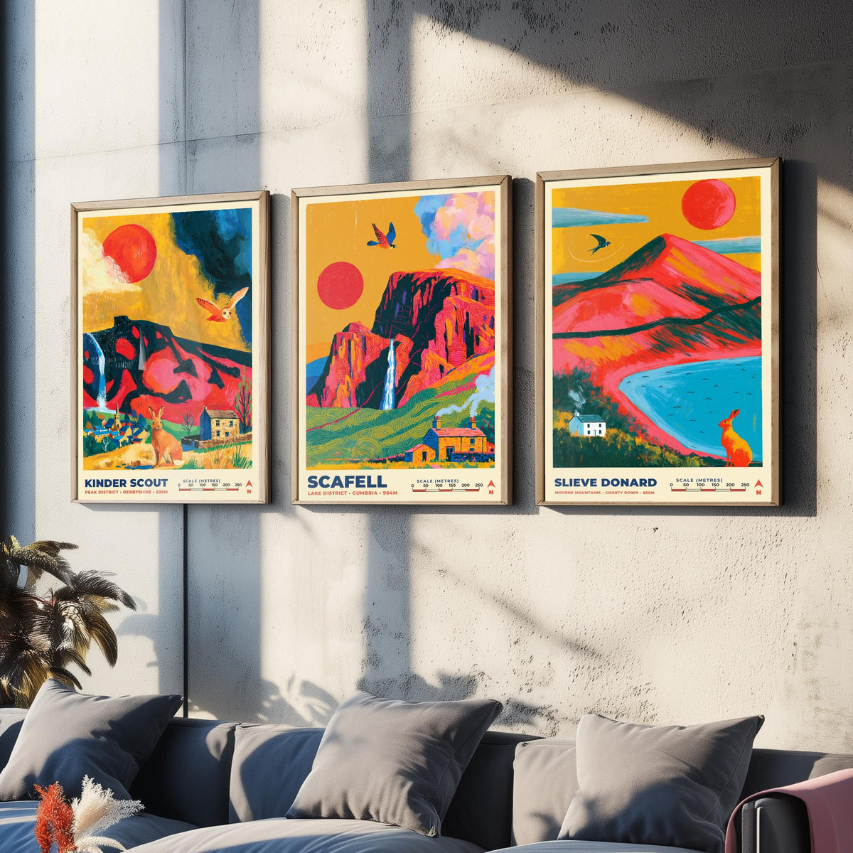 The Dark Moorlands Set of Three Art Prints, Kinder Scout Scafell and Slieve Donard Poster Illustration