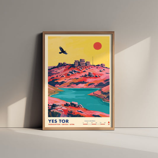 Yes Tor Travel Poster - Dartmoor Art Print - Raven Granite Tor Reservoir Illustration - Okehampton Devon Moorland 1/3