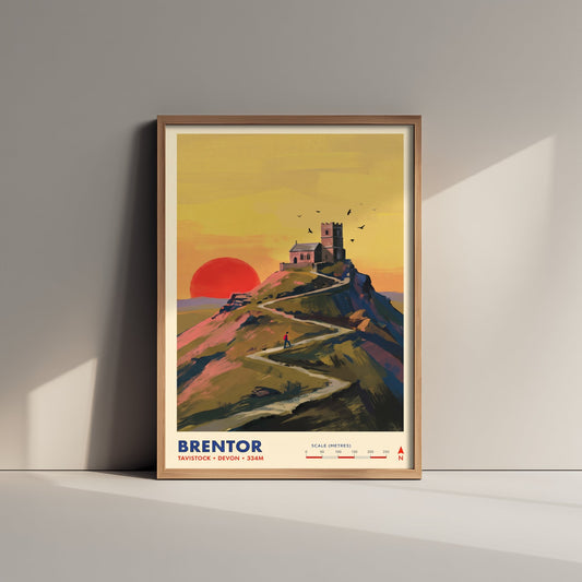 Brentor Travel Poster - St Michael's Church Art Print - Dartmoor Illustration - Tavistock Devon Hilltop Walk 3/3