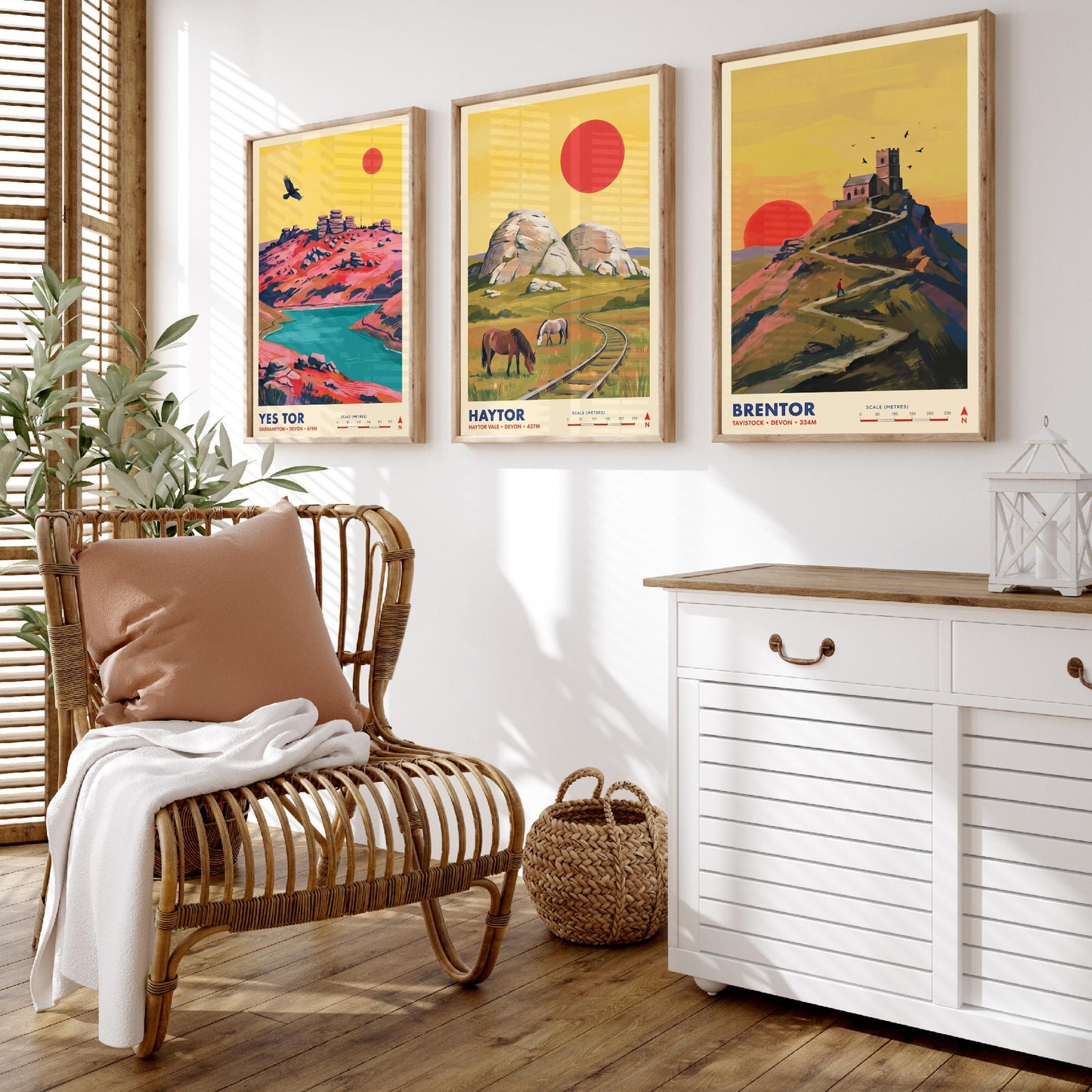 The Dartmoor Tors Set of Three Art Prints - Yes Tor, Haytor, Brentor - Devon Moorland Travel Posters - Vibrant Painting