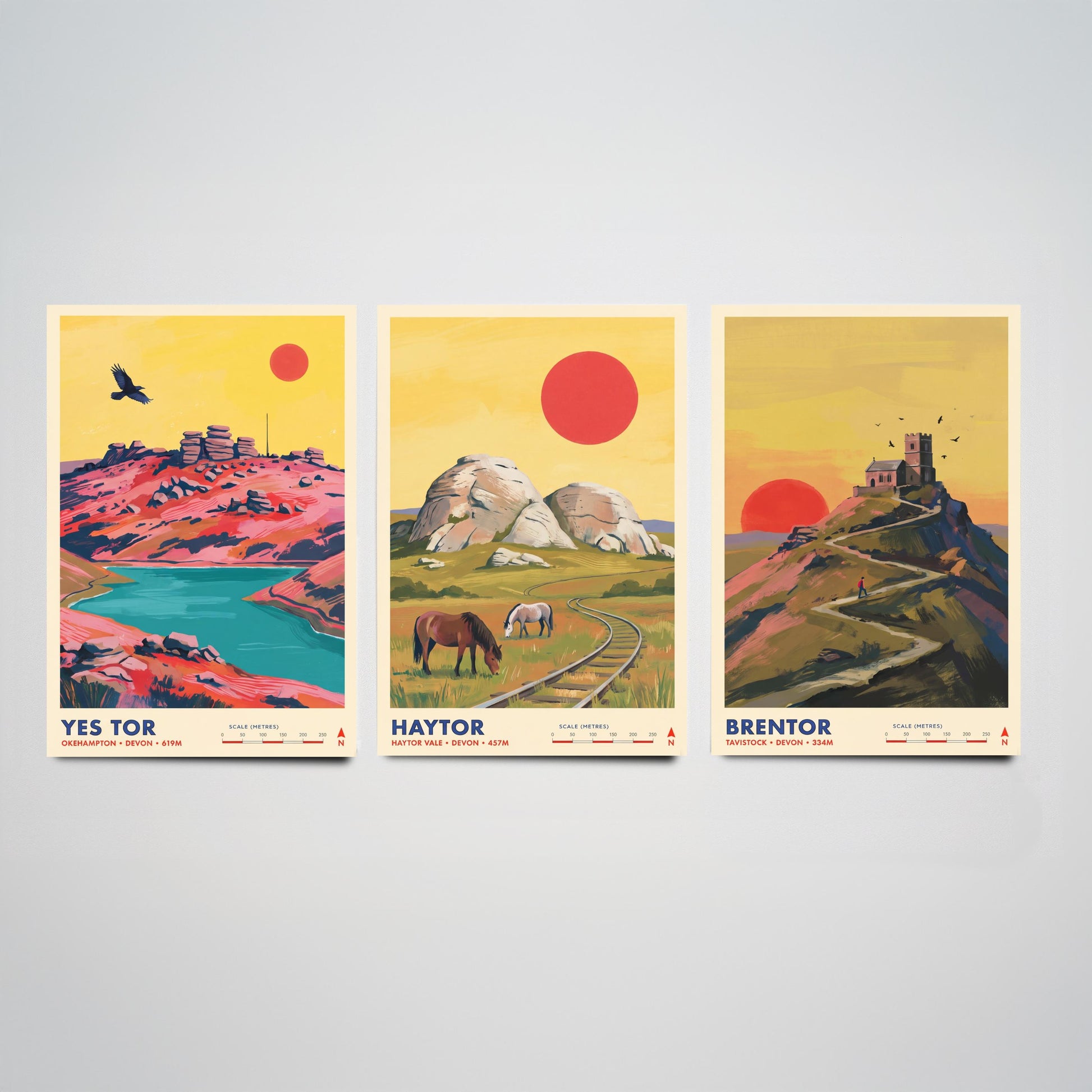 The Dartmoor Tors Set of Three Art Prints - Yes Tor, Haytor, Brentor - Devon Moorland Travel Posters - Vibrant Painting