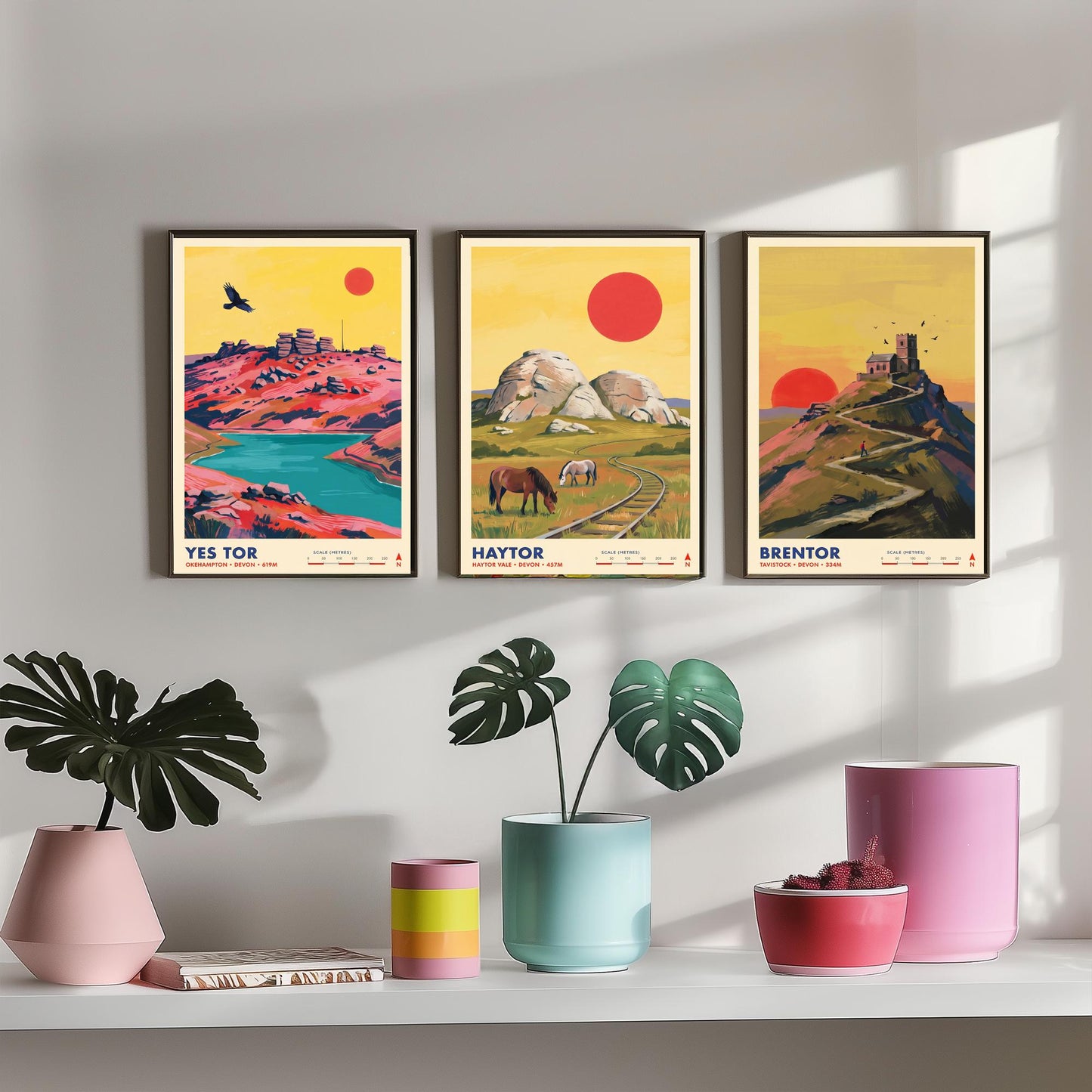 The Dartmoor Tors Set of Three Art Prints - Yes Tor, Haytor, Brentor - Devon Moorland Travel Posters - Vibrant Painting