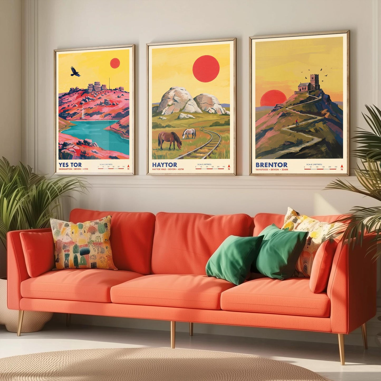 The Dartmoor Tors Set of Three Art Prints - Yes Tor, Haytor, Brentor - Devon Moorland Travel Posters - Vibrant Painting