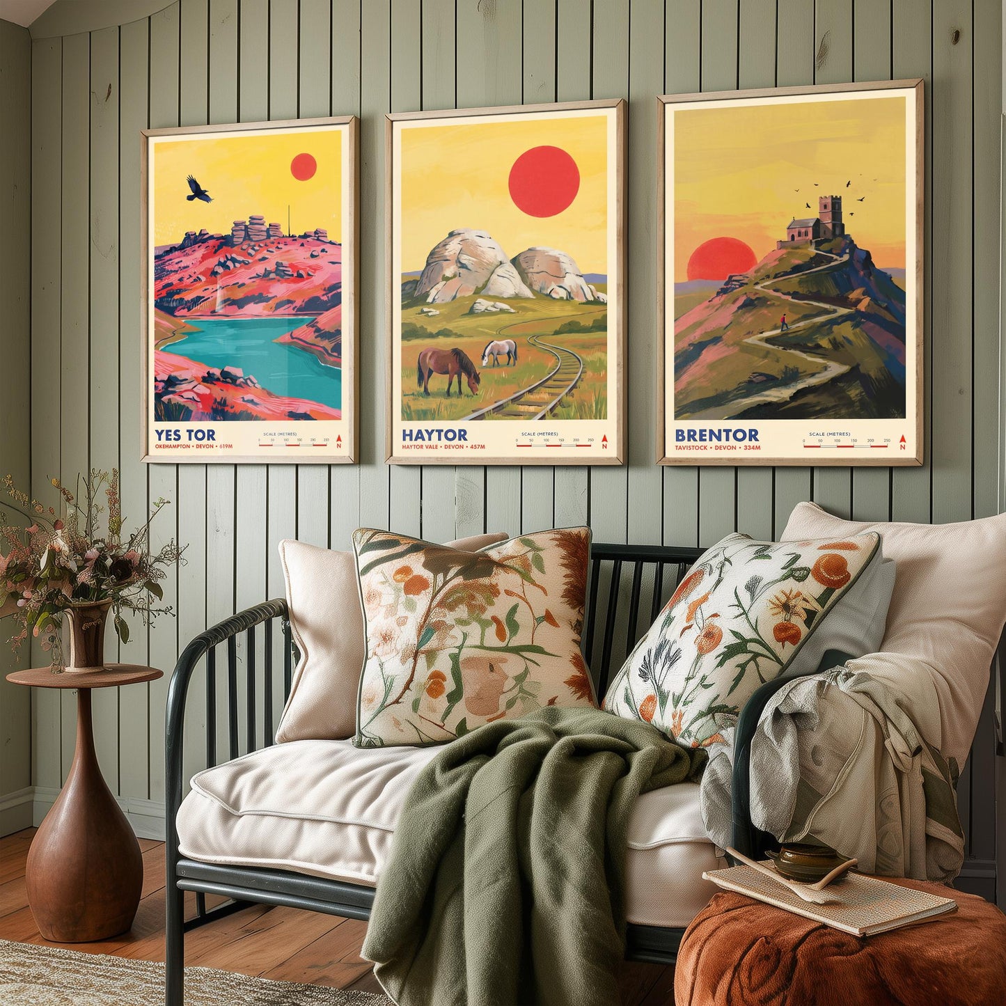 The Dartmoor Tors Set of Three Art Prints - Yes Tor, Haytor, Brentor - Devon Moorland Travel Posters - Vibrant Painting