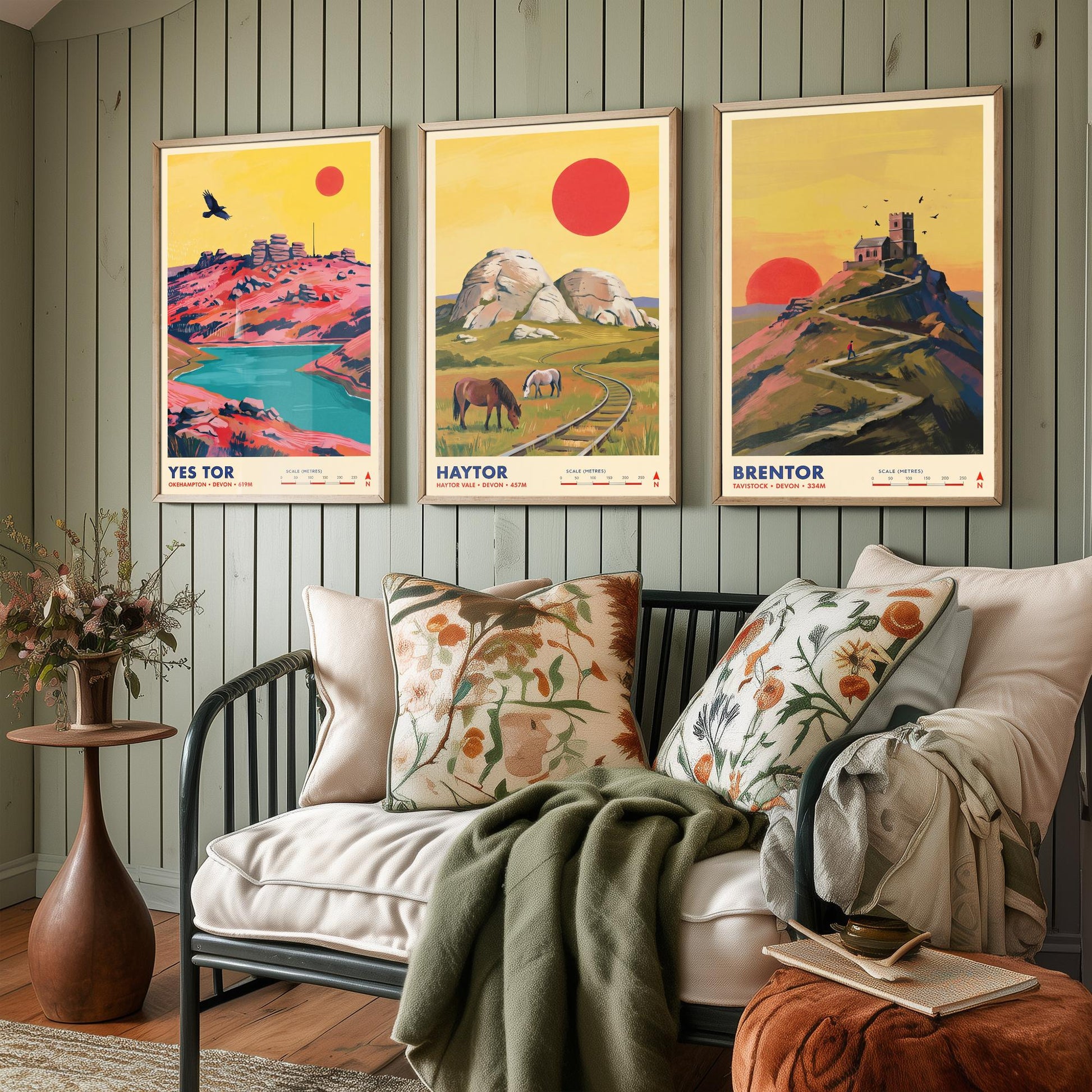 The Dartmoor Tors Set of Three Art Prints - Yes Tor, Haytor, Brentor - Devon Moorland Travel Posters - Vibrant Painting