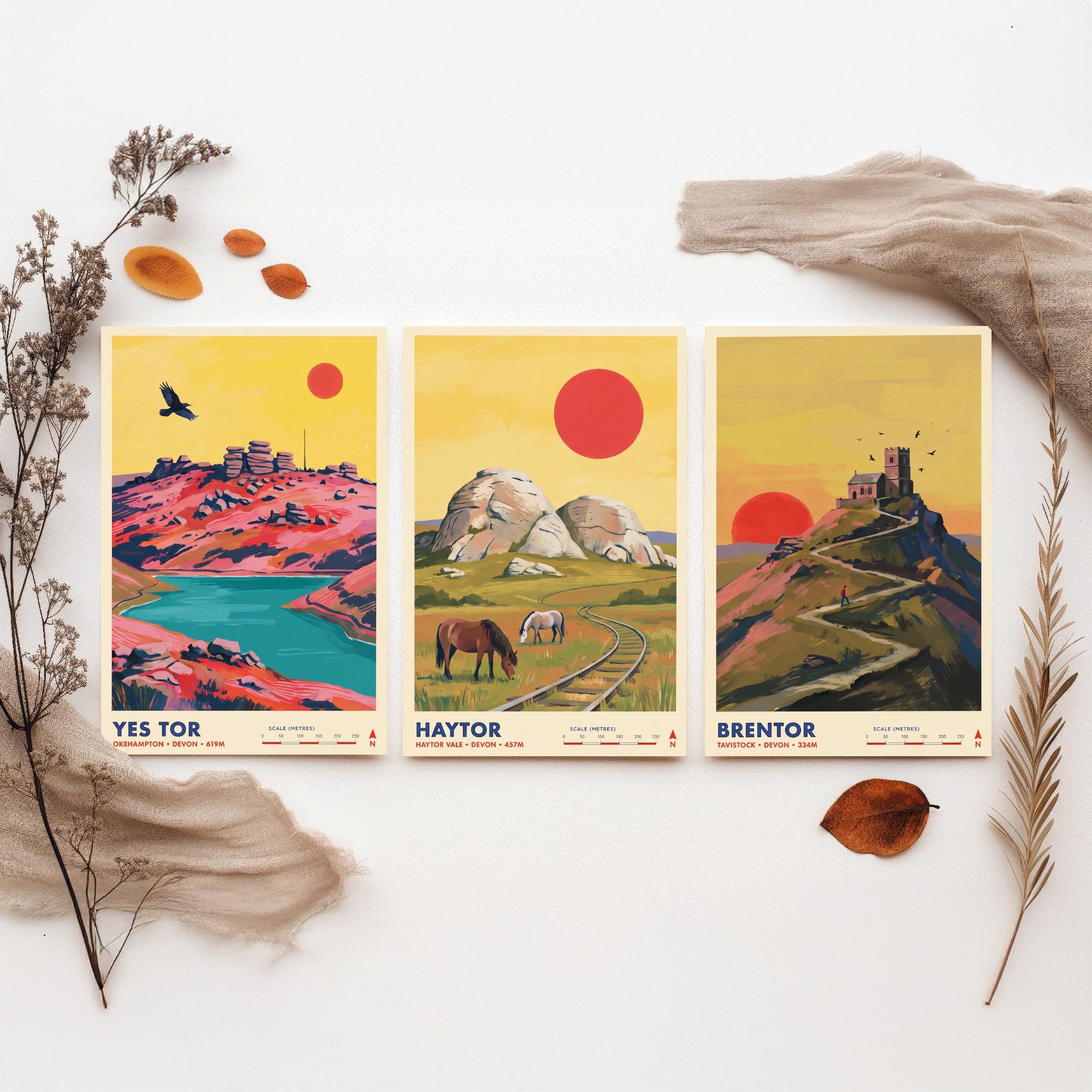 The Dartmoor Tors Set of Three Art Prints - Yes Tor, Haytor, Brentor - Devon Moorland Travel Posters - Vibrant Painting
