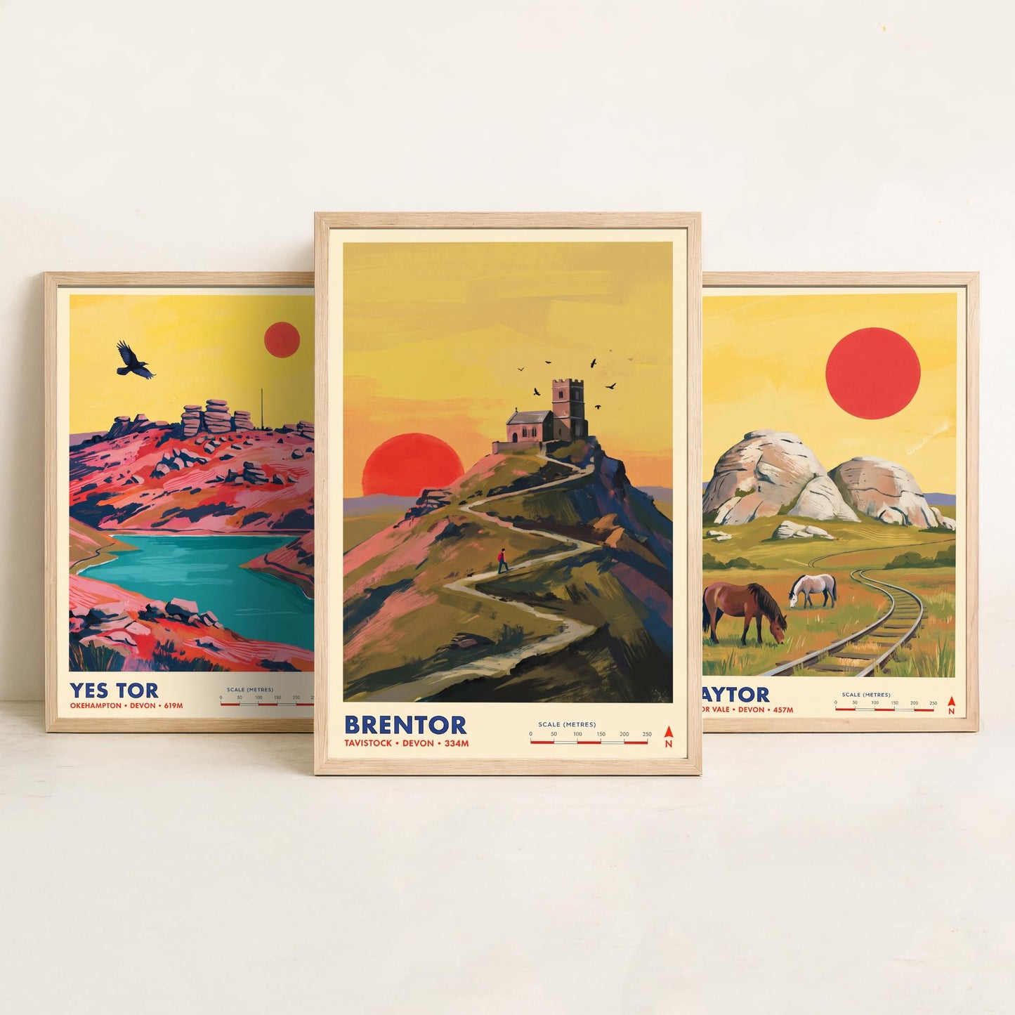 The Dartmoor Tors Set of Three Art Prints - Yes Tor, Haytor, Brentor - Devon Moorland Travel Posters - Vibrant Painting