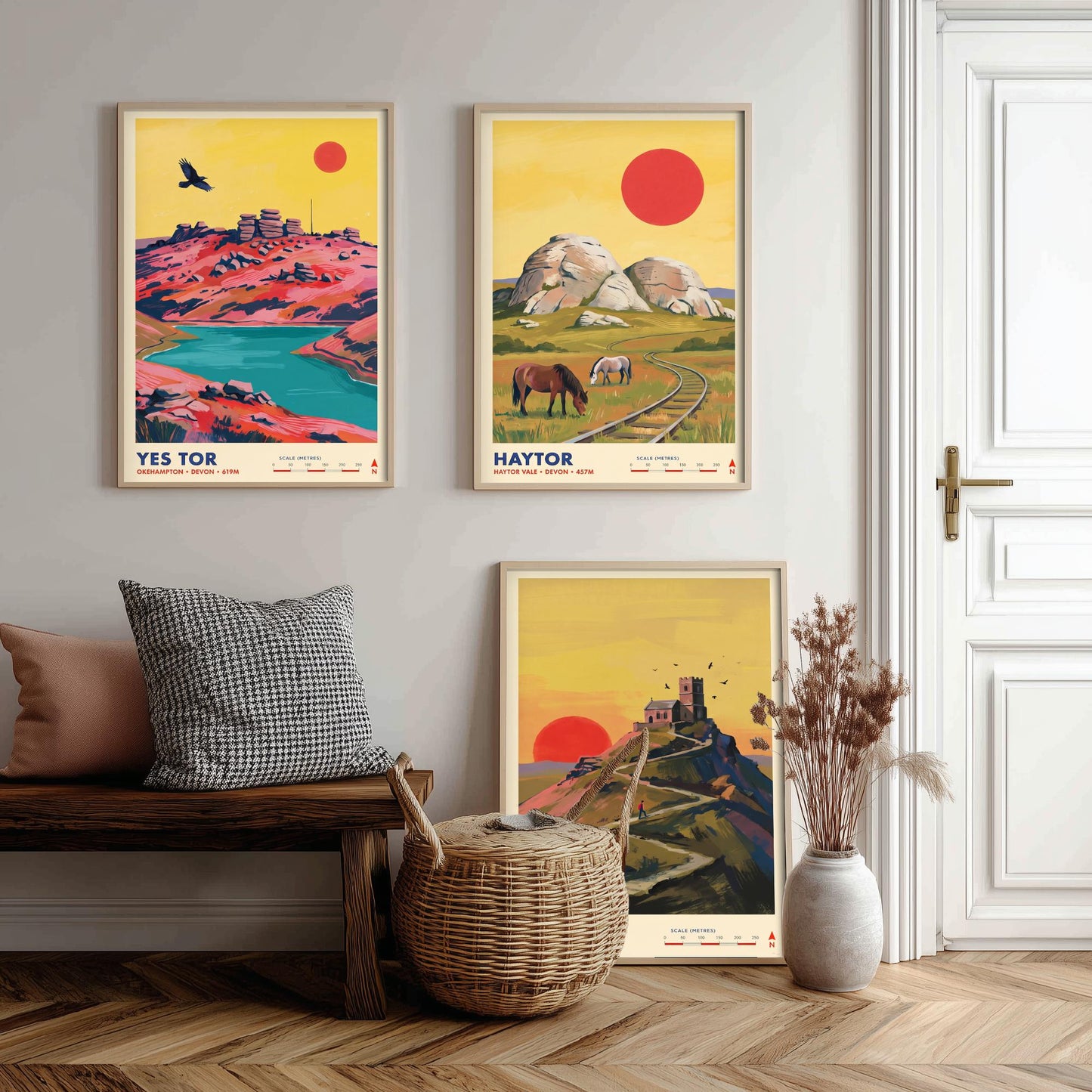 The Dartmoor Tors Set of Three Art Prints - Yes Tor, Haytor, Brentor - Devon Moorland Travel Posters - Vibrant Painting