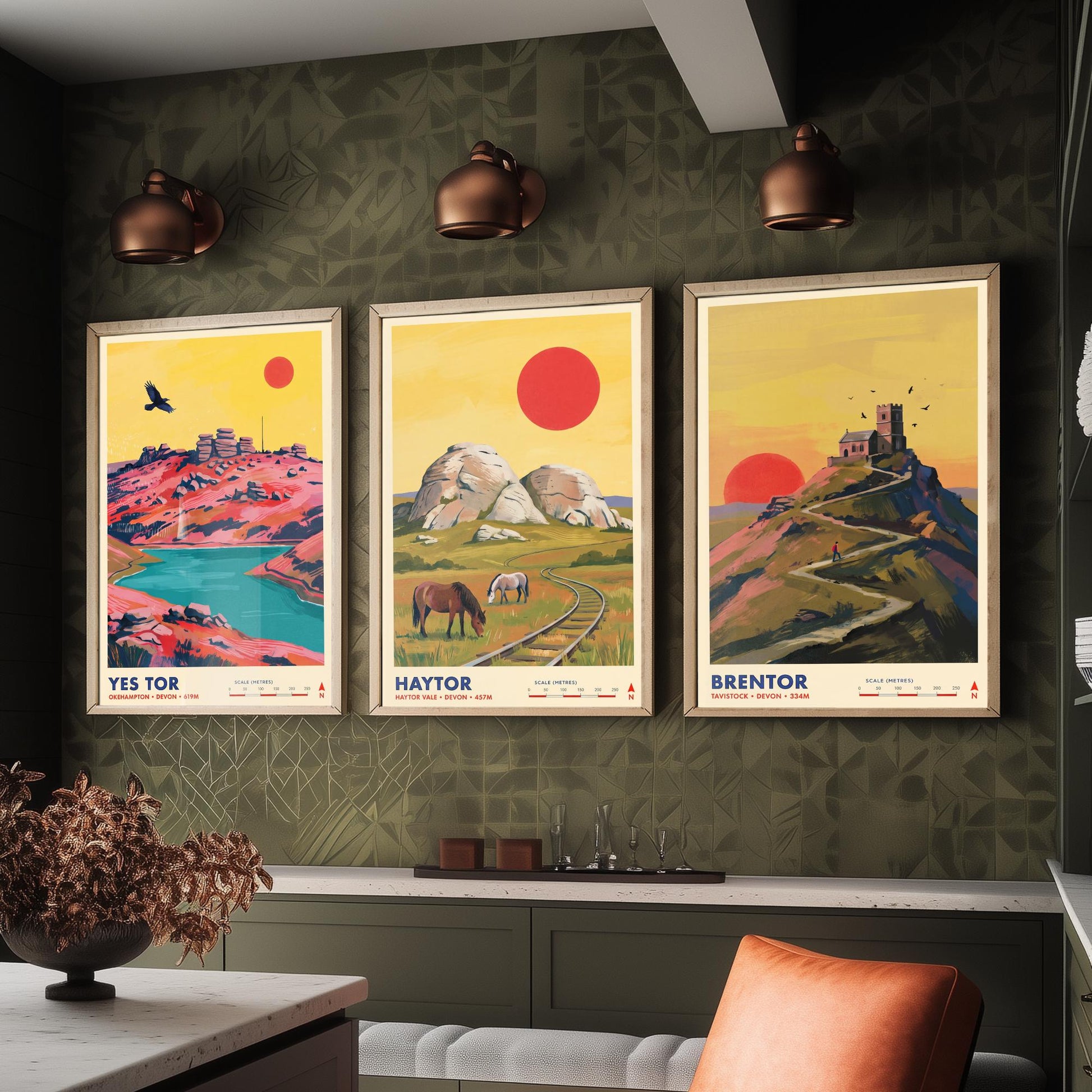 The Dartmoor Tors Set of Three Art Prints - Yes Tor, Haytor, Brentor - Devon Moorland Travel Posters - Vibrant Painting