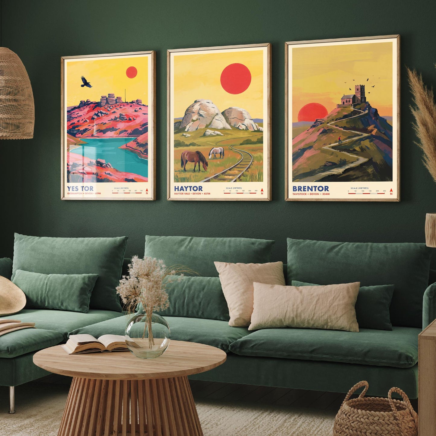The Dartmoor Tors Set of Three Art Prints - Yes Tor, Haytor, Brentor - Devon Moorland Travel Posters - Vibrant Painting