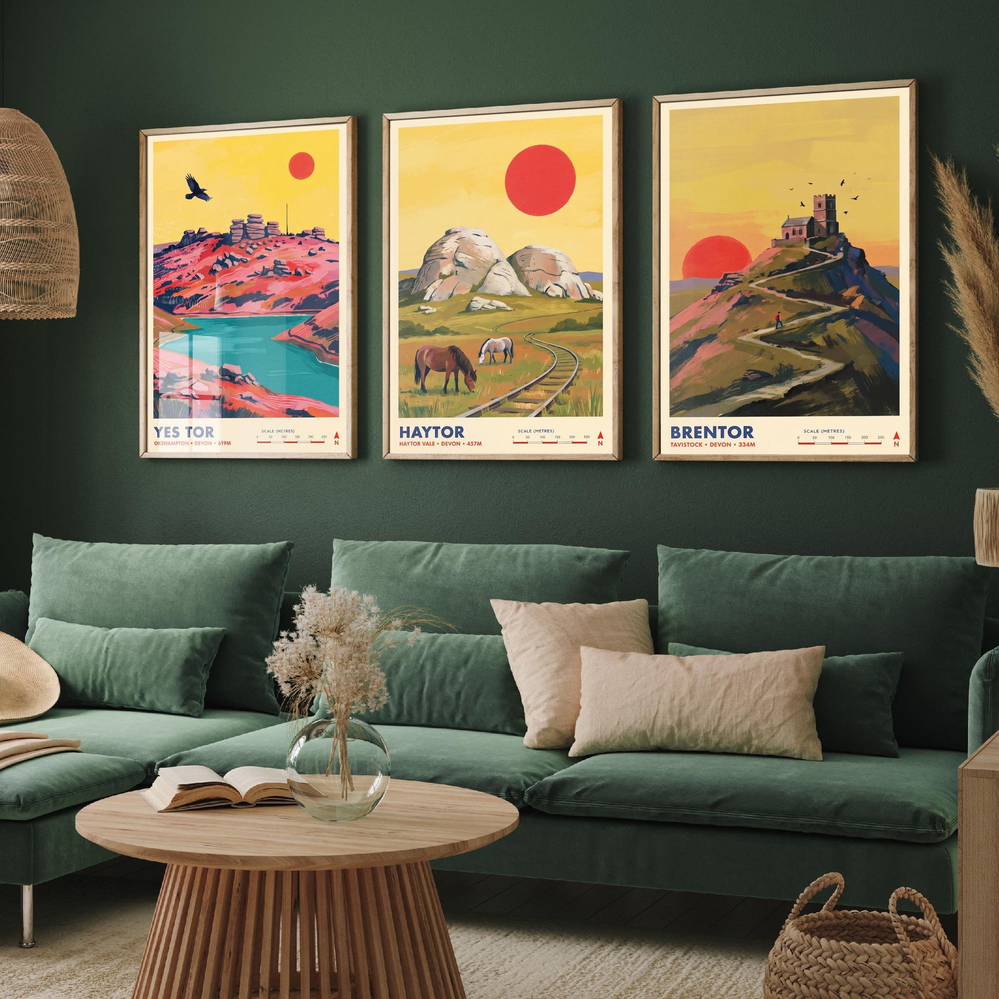 The Dartmoor Tors Set of Three Art Prints - Yes Tor, Haytor, Brentor - Devon Moorland Travel Posters - Vibrant Painting