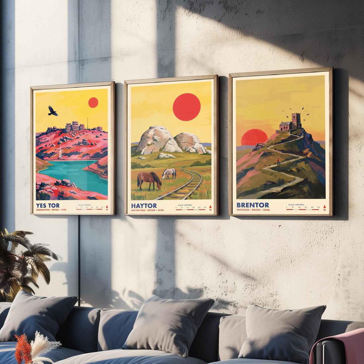The Dartmoor Tors Set of Three Art Prints - Yes Tor, Haytor, Brentor - Devon Moorland Travel Posters - Vibrant Painting