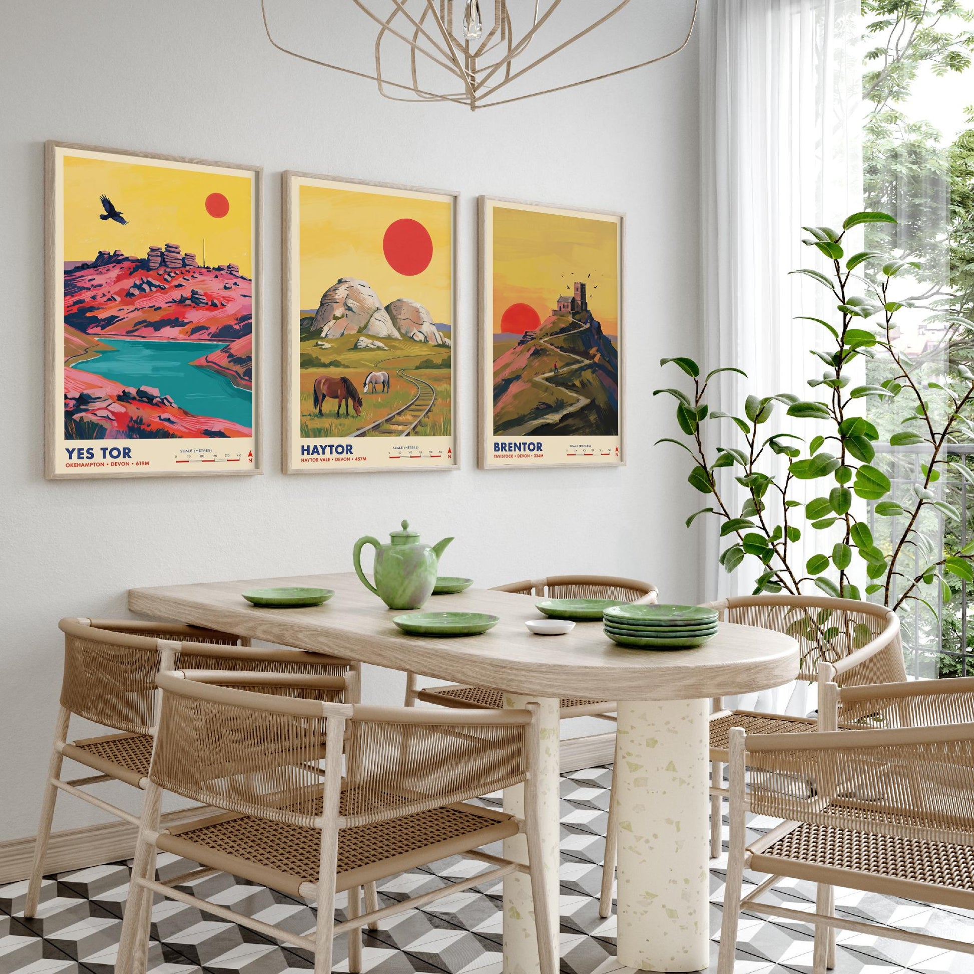 The Dartmoor Tors Set of Three Art Prints - Yes Tor, Haytor, Brentor - Devon Moorland Travel Posters - Vibrant Painting
