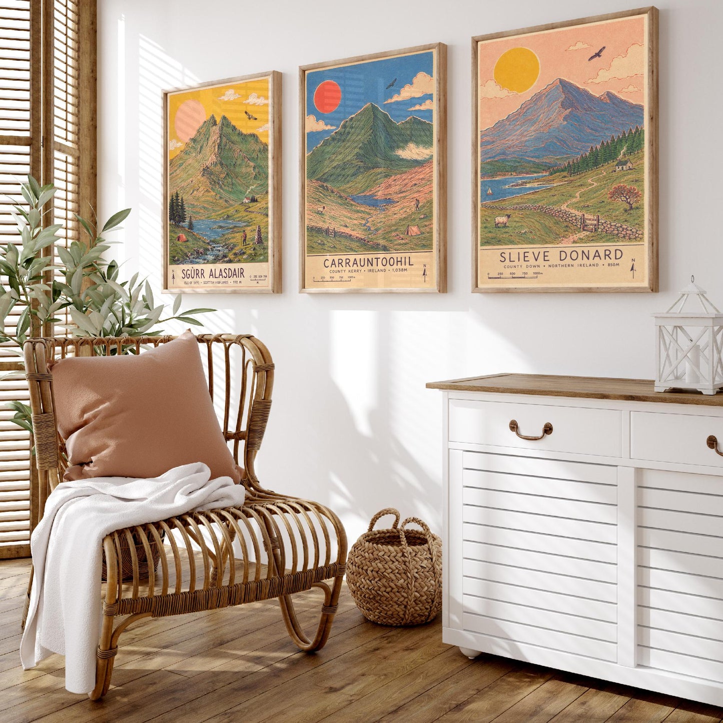 Extended Three Peaks Set of Three Travel Posters - Sgurr Alasdair, Carrauntoohil, Slieve Donard - Art Print Illustration Gift