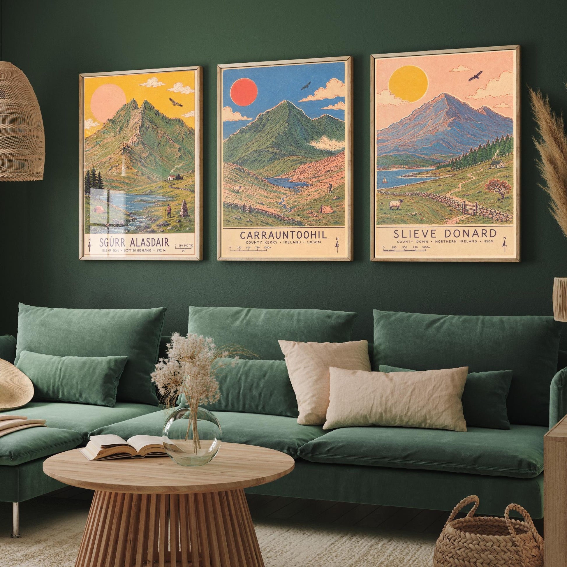 Extended Three Peaks Set of Three Travel Posters - Sgurr Alasdair, Carrauntoohil, Slieve Donard - Art Print Illustration Gift